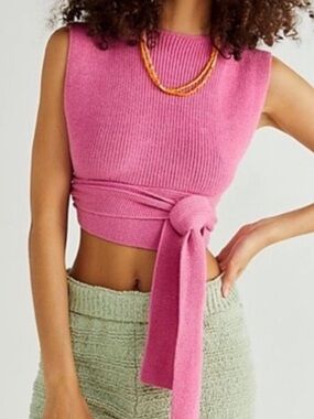 Free People Beach High Neck Pink Knit Tie-Waist Crop Top
